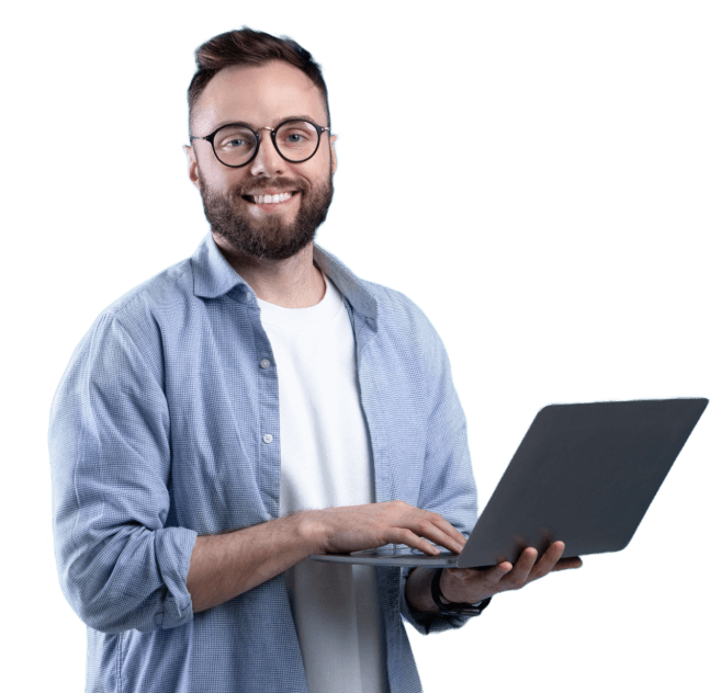 cheerful millennial guy in glasses using laptop co 2023 11 27 05 26 04 utc 1 2