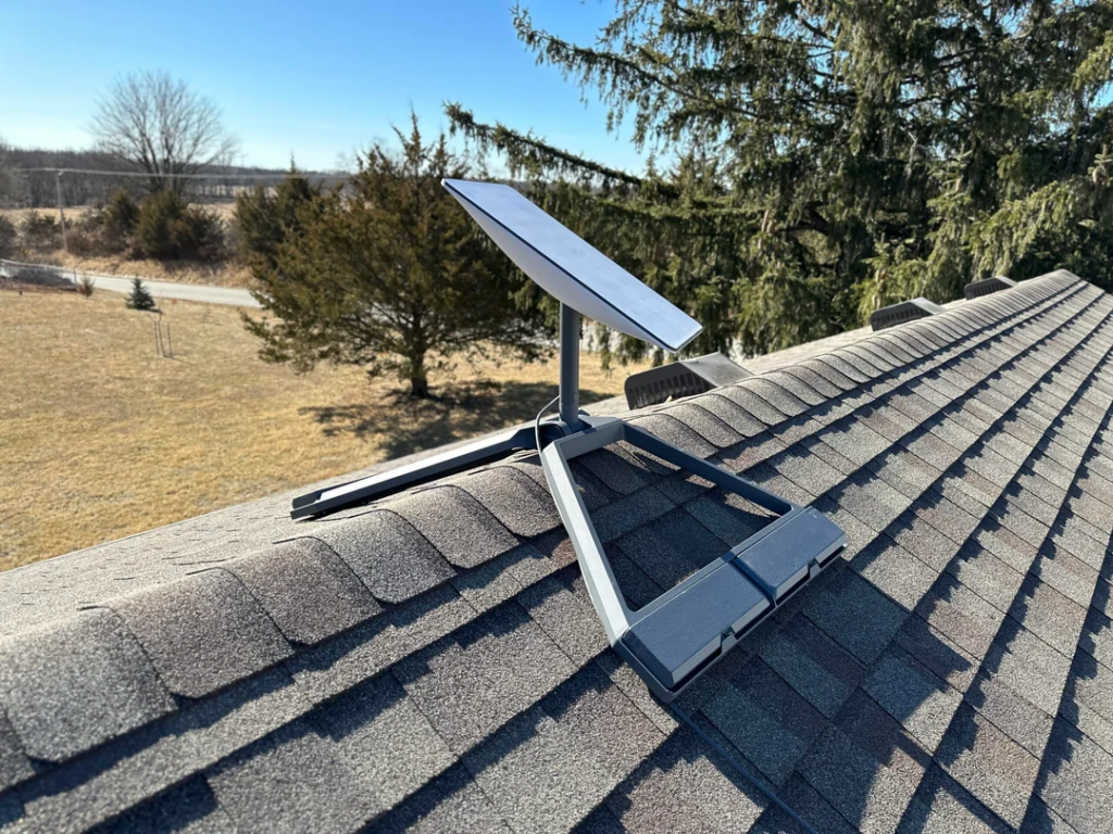 Starlink ridgeline mount ballast system installed on shingle roof