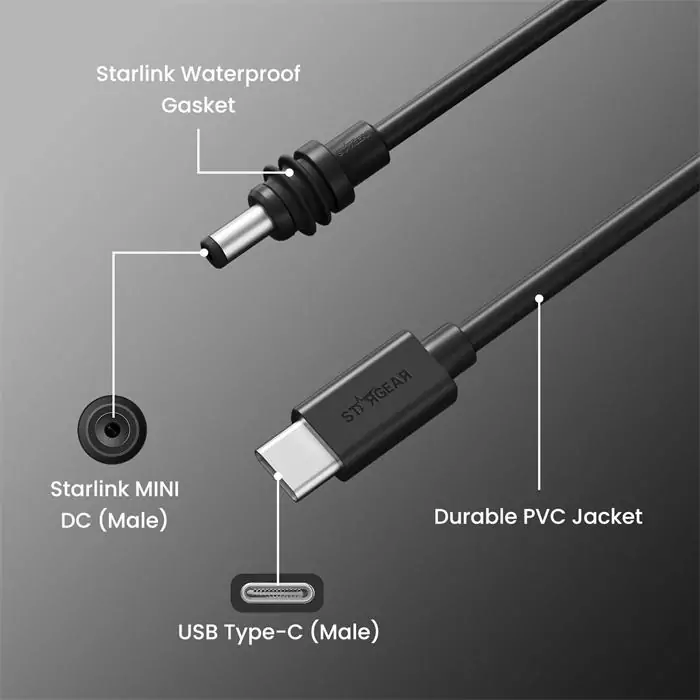 USB-C to DC power cable for Starlink Mini mobile power setup