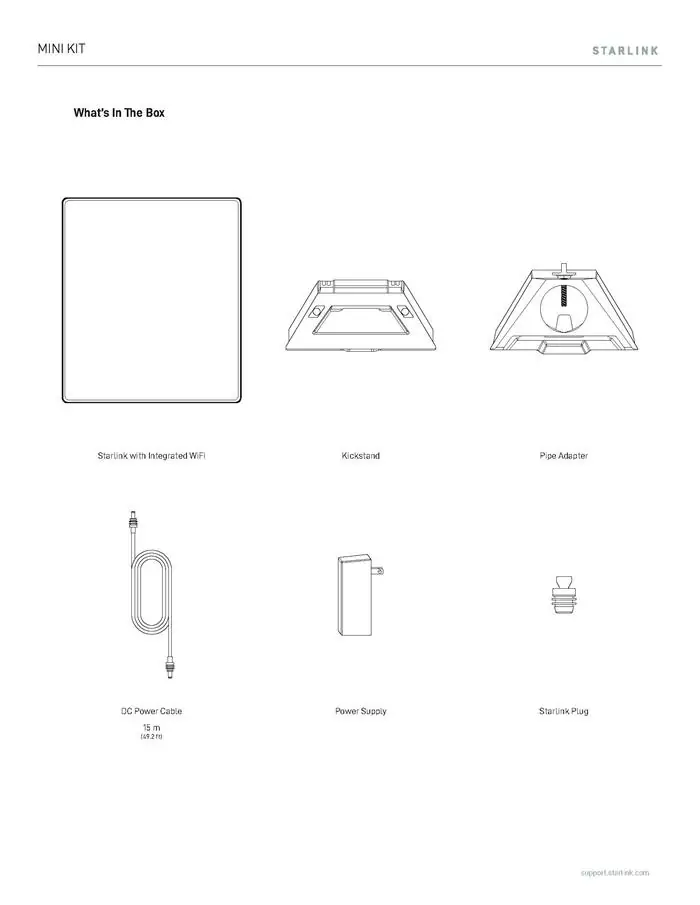 Starlink Mini kit contents including dish, kickstand, pipe adapter, cable, and power supply