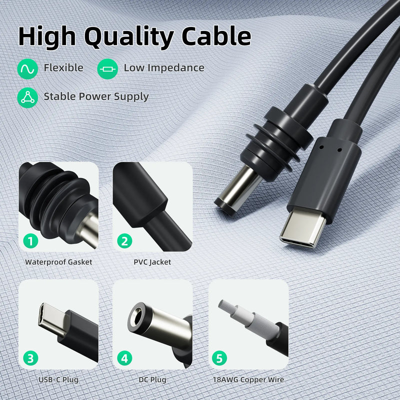 Starlink Mini USB-C to DC power cable showing waterproof gasket, PVC jacket, and copper wire details